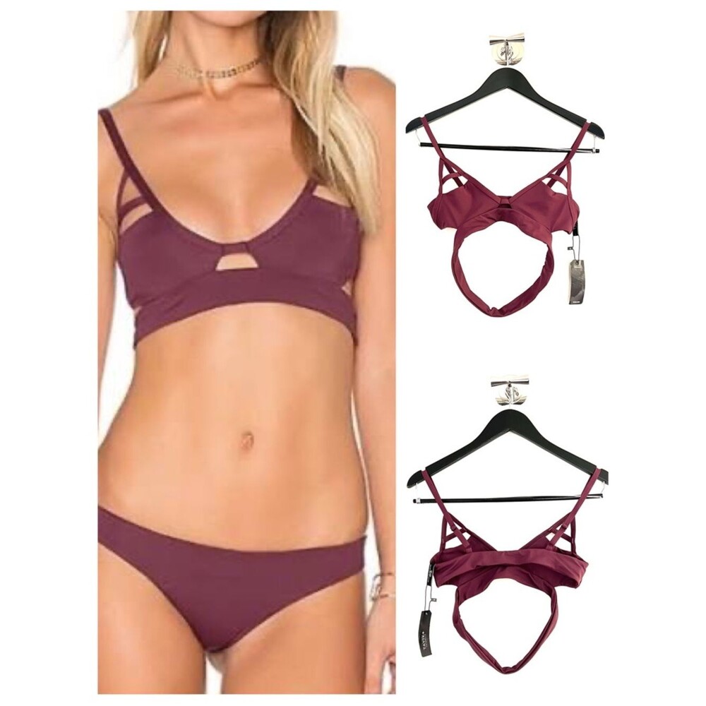 TAVIK Bikini Top Small Burgundy Wine Strappy Cutout Swimwear Made USA Festival